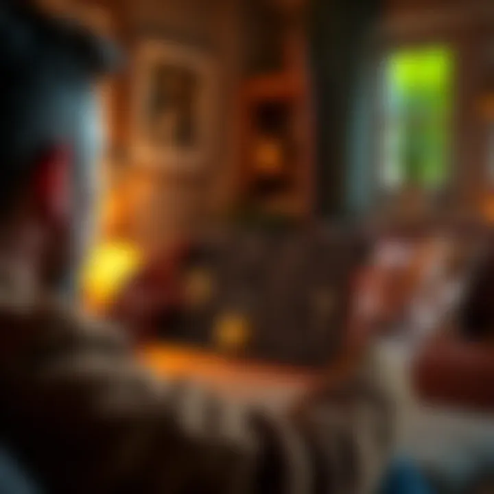 A person explaining how to share Bitcoin access with family using a Trezor 3 wallet, showing a diagram with locks and keys for security, set in a cozy home environment.