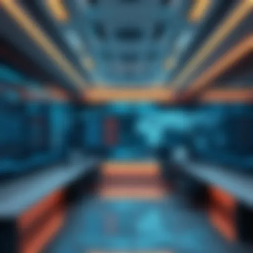 A professional crypto custodian office in the UAE, showcasing a modern workspace with digital security screens and blockchain graphics.