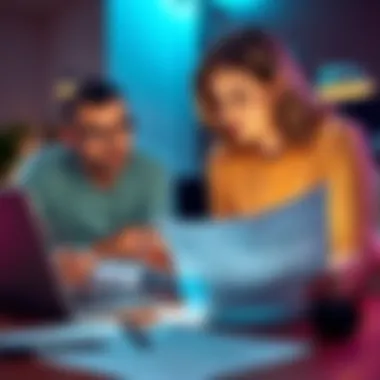 A couple discussing cryptocurrency planning with financial documents and a laptop on the table.