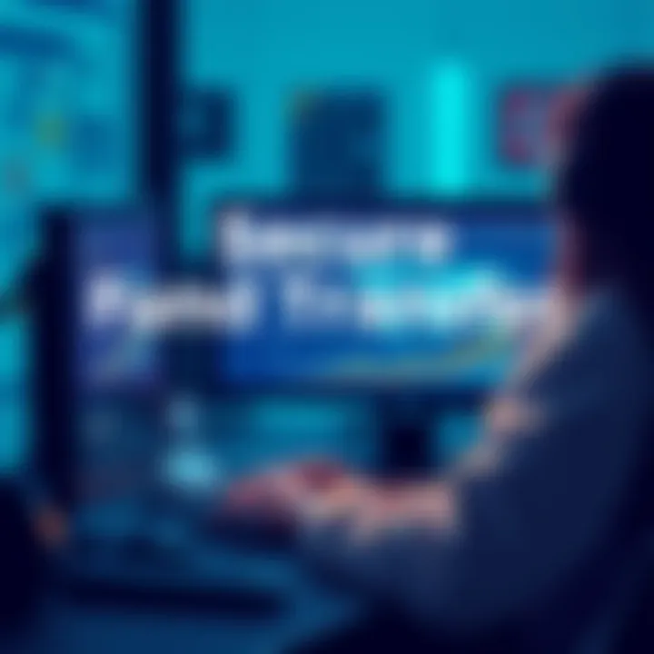 An illustration showing a person using a computer to safely transfer money to a new digital wallet, symbolizing security and privacy.