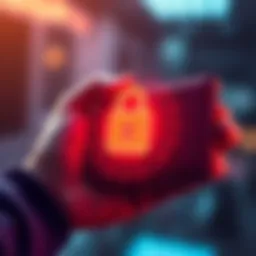 Secure hardware wallet A person holding a hardware wallet with a lock symbol overlay, indicating security and privacy when sharing ID