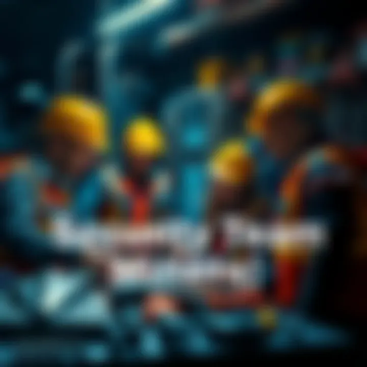 A group of miners discussing job opportunities, with tools and mining gear around them