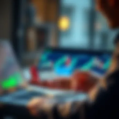 A person holding a small hardware wallet and looking at a laptop with investment graphs, weighing options for self-custody versus exchange custody.