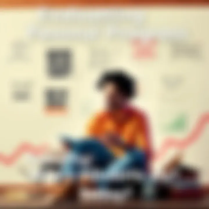 A person sitting with a notebook, reflecting on their personal growth and progress, surrounded by motivational quotes and charts.