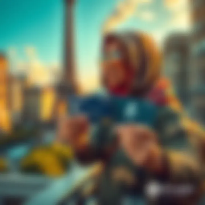 A traveler holding Gnosis and EtherFi crypto cards while exploring a city