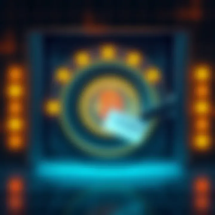 Illustration of a secure digital vault with a Bitcoin symbol and an encrypted message being sent to heirs