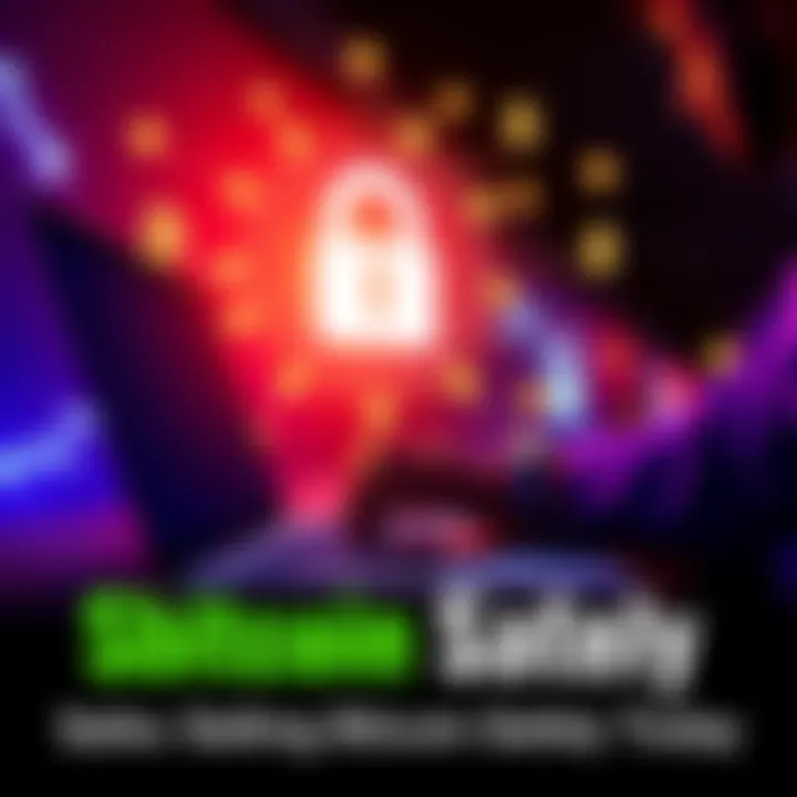 A person using a laptop to sell bitcoin, with a secure lock icon and dollar signs as background elements