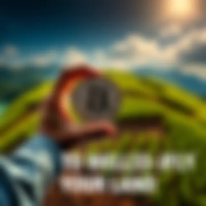 Selling Land for Bitcoin A person holds a Bitcoin symbol while standing on a piece of land in El Salvador, highlighting the process of selling land for cryptocurrency.