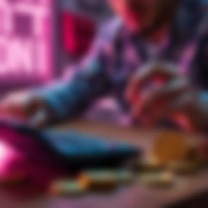 Person considering selling Pi coins with a calculator and coins on the table