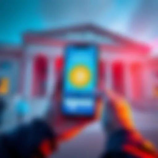 A person using a smartphone to sell Stakestone on the MetaMask app, with banknotes and a bank building in the background
