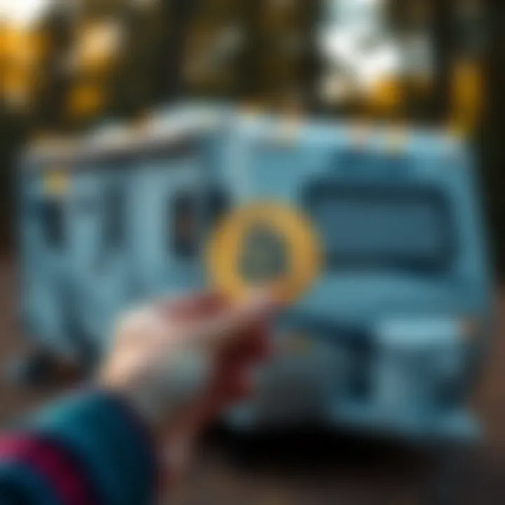 A person holding a Bitcoin in one hand and a used camper trailer in the background, symbolizing a sale agreement.