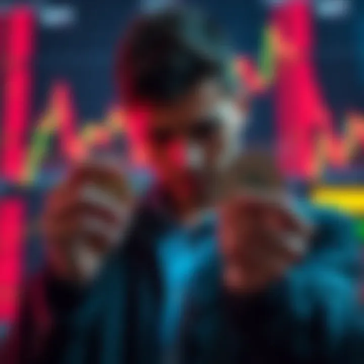 Selling High and Buying Back Low A person looking at a rising and falling stock chart while holding cryptocurrency coins, representing the impact of Capital Gains Tax on trading strategies