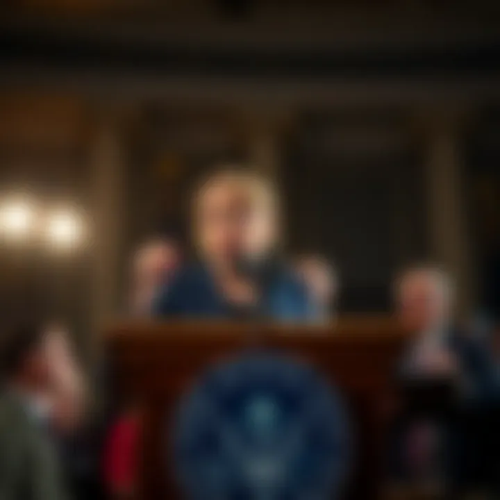 A Senate Democrat at a podium discussing the need for crypto legislation with reporters and officials