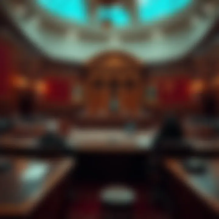 A Senate chamber with members voting on DeFi regulations, showing a digital finance theme