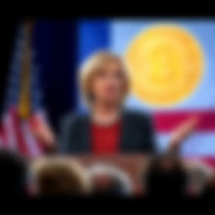 Senator Cynthia Lummis addressing an audience about the need for the U.S. to adopt Bitcoin, with a backdrop of the U.S. flag and Bitcoin symbol.