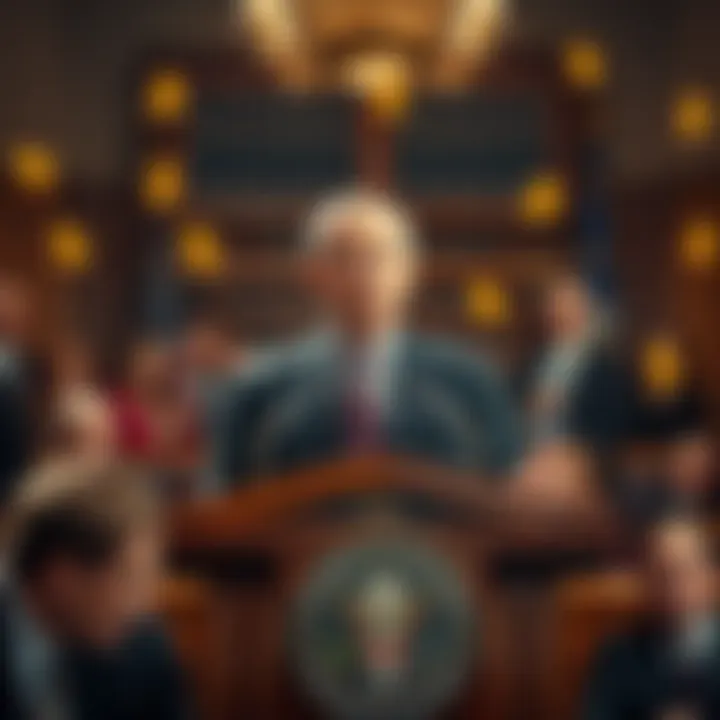 A US senator speaking at a podium about anti-corruption measures in cryptocurrency legislation, surrounded by people and financial symbols.