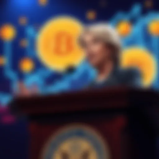 Senator Cynthia Lummis speaking at a podium, promoting a $300 tax exemption for crypto transactions, with Bitcoin graphics in the background.