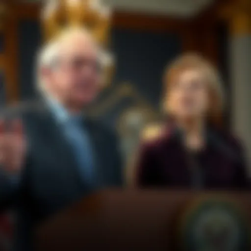 Senators Bernie Sanders and Elizabeth Warren speaking at a press conference, urging the Labor Department to withdraw a proposed rule on cryptocurrency in 401(k) plans.