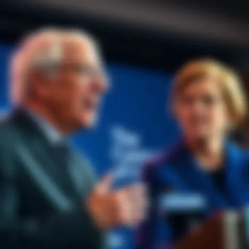 Senators Bernie Sanders and Elizabeth Warren holding a press conference about Bitcoin in 401(k) plans, expressing concerns over retirement savings risks.
