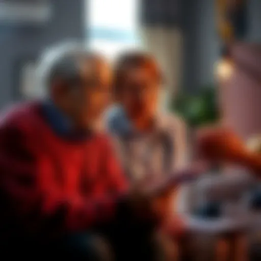 An elderly person discussing options with a caregiver, surrounded by supportive resources and guides.