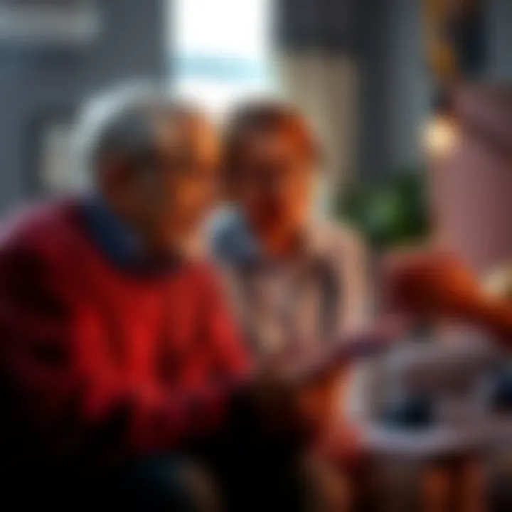 Senior seeking support An elderly person discussing options with a caregiver, surrounded by supportive resources and guides.