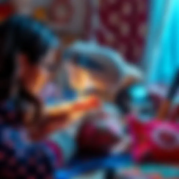 A person sewing a decorative pillow using a colorful pattern from NeedleLot Designs, surrounded by sewing supplies and fabric.