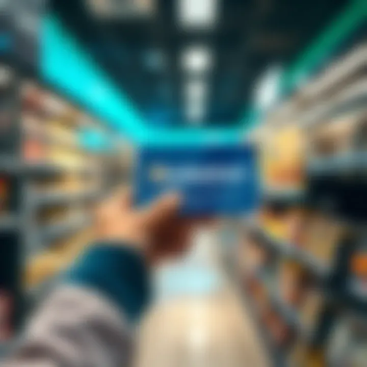 A person holding a Shakepay physical crypto card in a store, ready to make a purchase and earn bitcoin rewards.