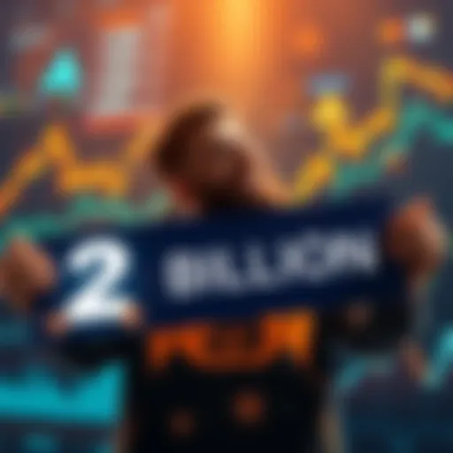 A person holding a sign that shows 2 billion SHIB tokens, with excitement on their face, surrounded by charts and graphs indicating growth in cryptocurrency investment.