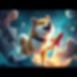 A graphic showing a Shiba Inu dog with a rocket, symbolizing the rise of Shiba Inu coin in cryptocurrency markets.