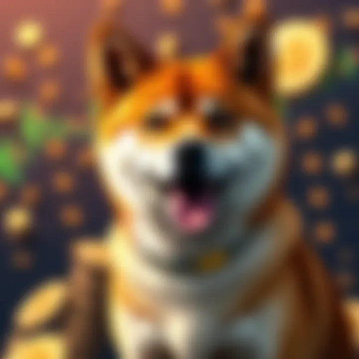 A Shiba Inu dog representing the cryptocurrency market with coins in the background