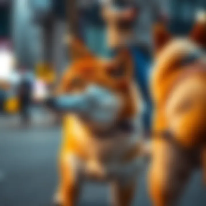 Shiba Inu on a leash during a walk A Shiba Inu with a focused expression, pulling on its leash while passing by another dog on a street.
