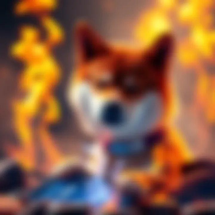 Visualization of Shiba Inu tokens being burned with flames and a digital wallet image, showing the action of reducing the supply of cryptocurrency.