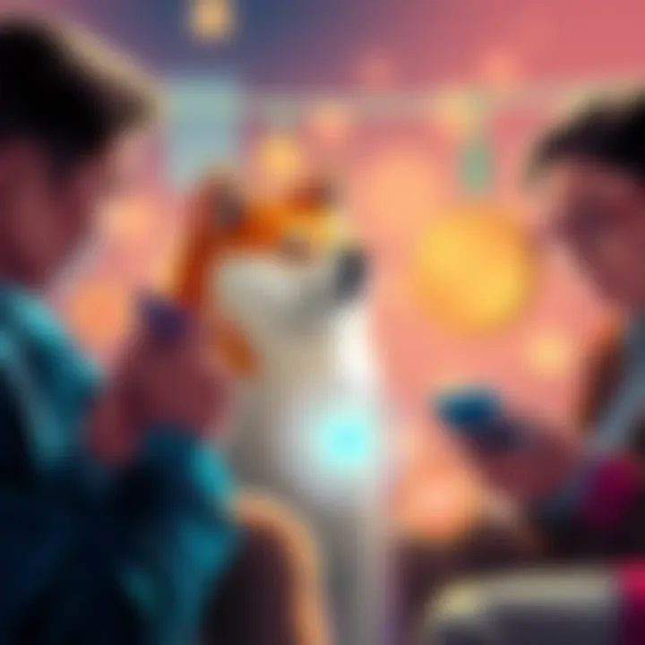 A group of people discussing cryptocurrency swaps, with Shiba Inu and XRP tokens visible on their devices.