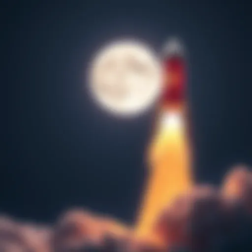 A graphic showing Shiba Coin symbol rising with a rocket against a backdrop of a bright moon.