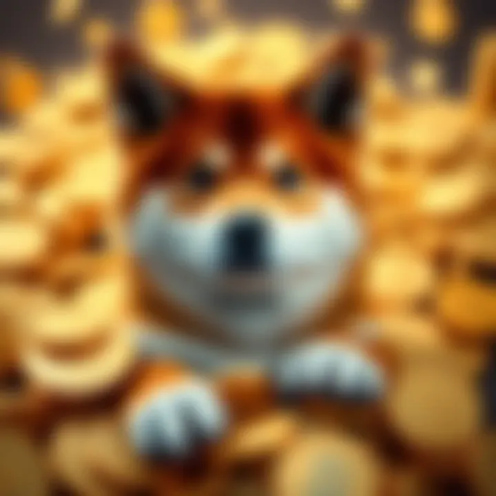 A Shiba Inu dog surrounded by gold coins representing cryptocurrency investment potential