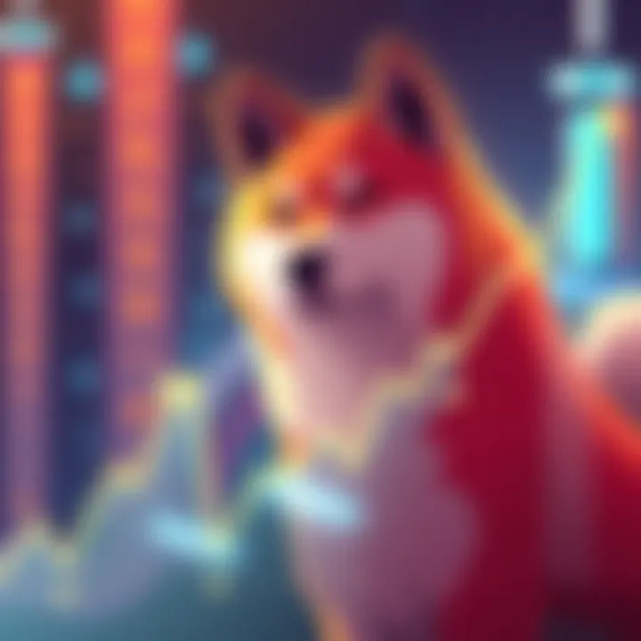 A Shiba Inu dog illustration with a graph showing rising trends in cryptocurrency value.