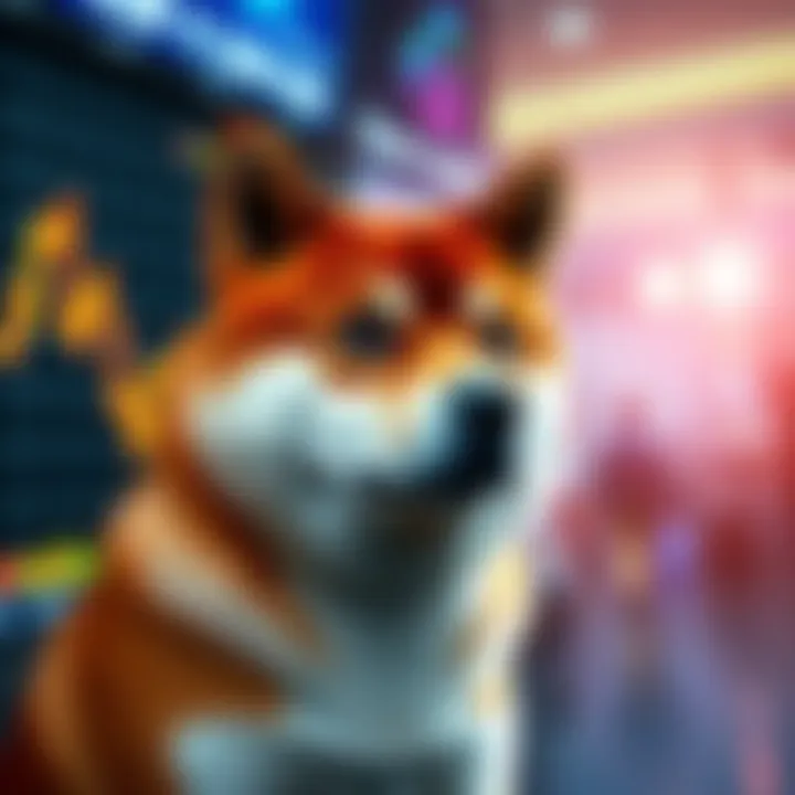 A Shiba Inu dog looking worried in front of a falling stock market graph, symbolizing price drop concerns.
