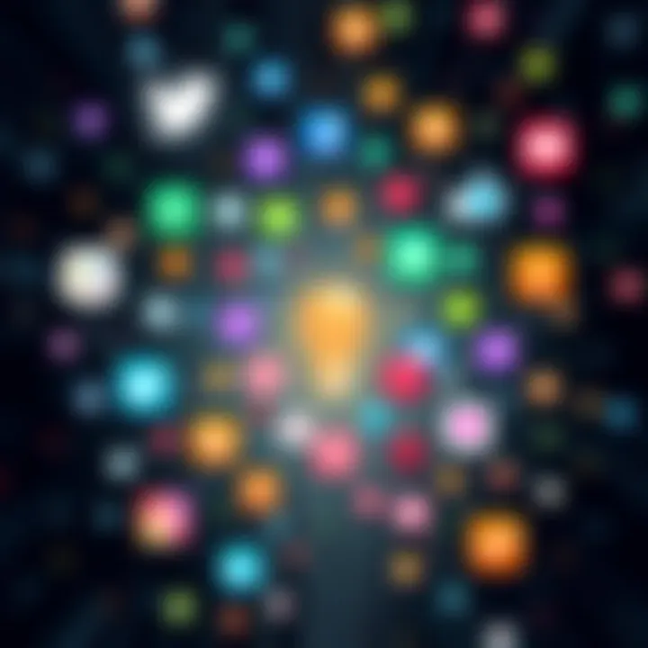 A digital representation showing the Shifter concept with colorful social media icons surrounding a central idea symbol, showcasing its online impact.