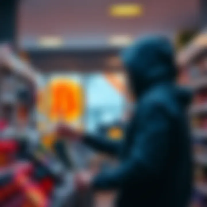Shoplifting for Bitcoin A person in a hoodie taking items from a store, with a Bitcoin logo in the background.