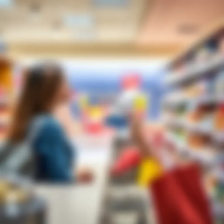 A shopper stands at a counter looking confused while holding a receipt and a bank card, showing mismatched digits.