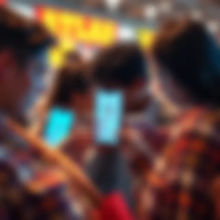 A group of shoppers looking at a shopping app on their phones, showing the new Atlas Shopping interface after the rebranding from Amp.