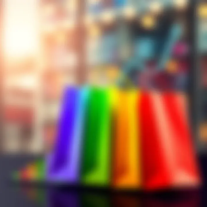 A pair of colorful shopping bags alongside a rising graph, symbolizing smart purchase decisions based on market trends.