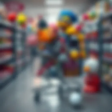 A shopping cart overflowing with random, unnecessary items like novelty toys and cluttered trinkets, showcasing impulse buying behavior.