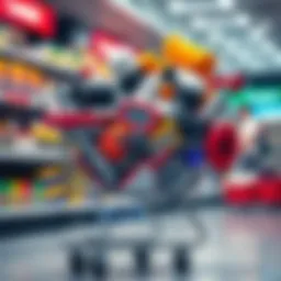 A shopping cart overflowing with luxury items and gadgets, representing overspending due to inflation.