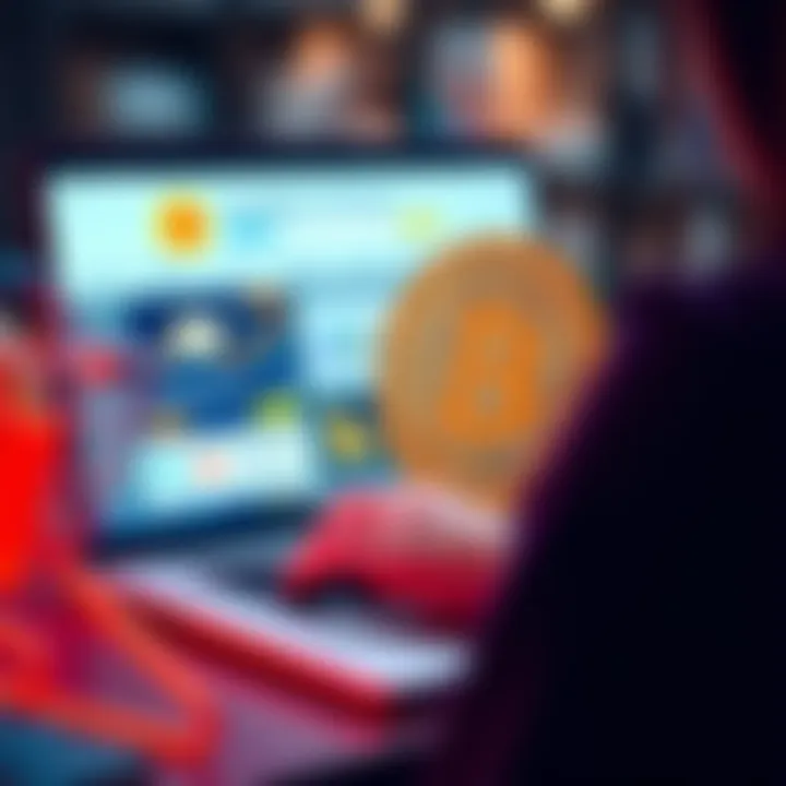 A person shopping online using Bitcoin on a laptop, with a Bitcoin logo and shopping items displayed on the screen.