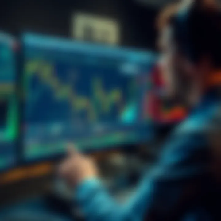 Shorting Bitcoin with ETFs A person analyzing Bitcoin charts and ETFs on a computer screen, showing a downtrend in prices