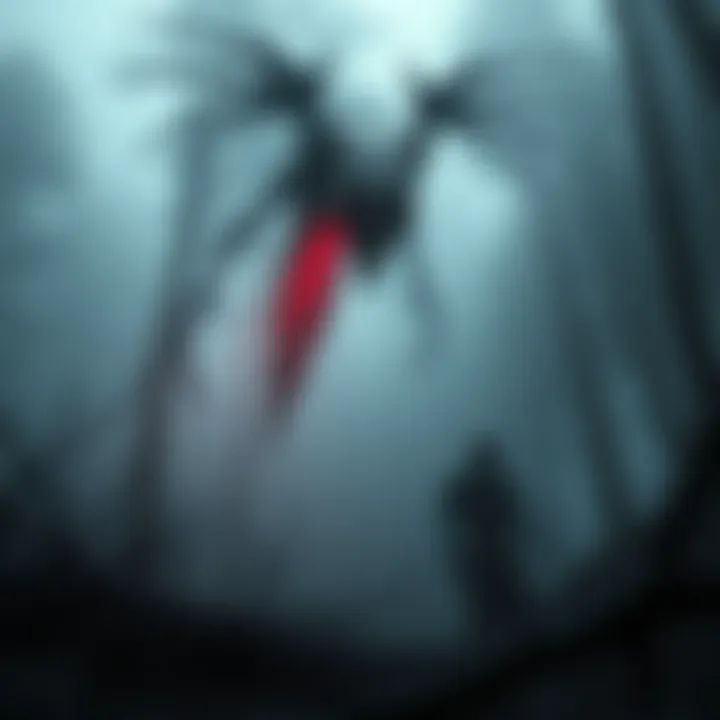 A dark, menacing figure resembling the Shrike stands in a misty forest, blending horror and beauty, with sharp metallic features and an eerie presence.