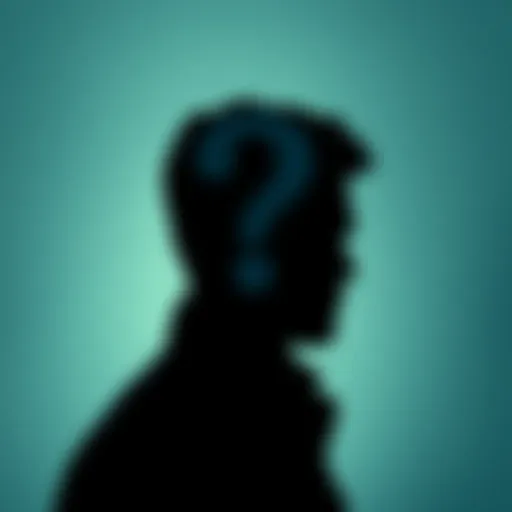 Silhouette of a man with a question mark A shadowy figure of a man with a questioning expression and a large question mark above his head