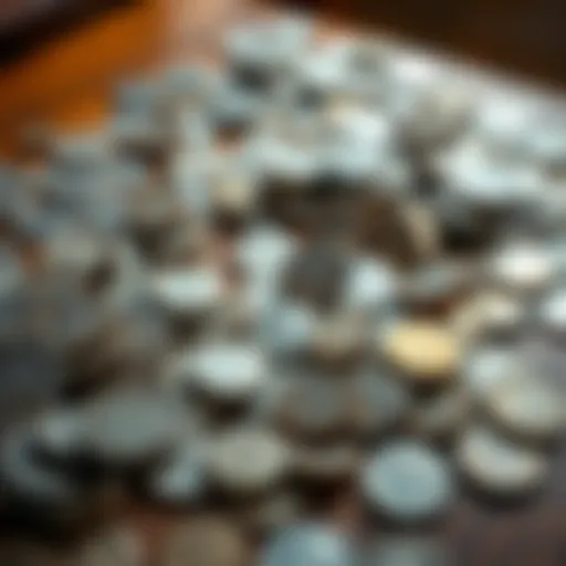 A collection of silver coins, including dollars and dimes, laid out on a table from a recent find in a home cleaning