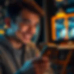 A person smiling while using a smartphone to make an easy cryptocurrency transaction, showing a supportive community around crypto discussions.